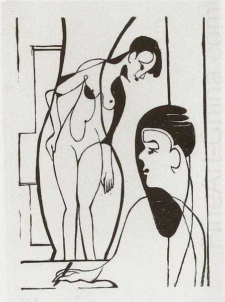 Artist and female modell - woodcut, Ernst Ludwig Kirchner